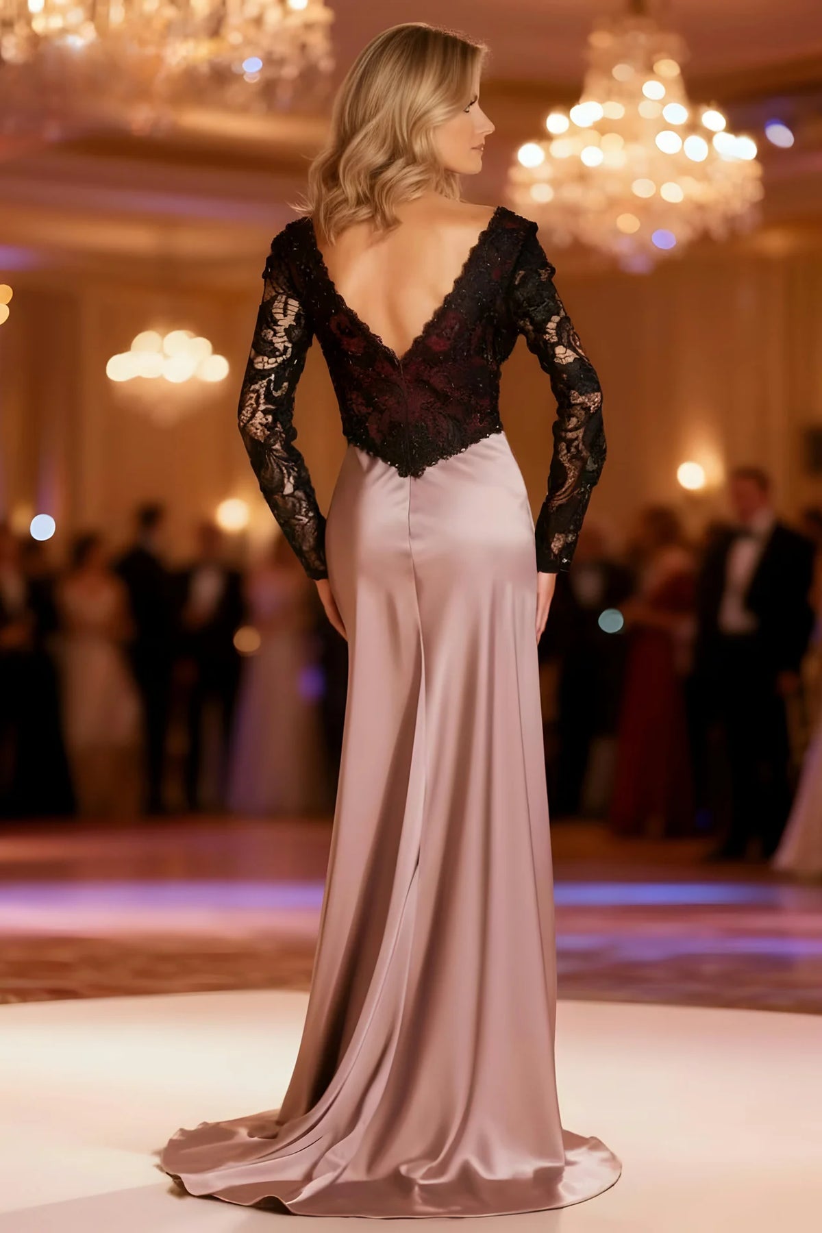 Satin & Lace Formal Evening Dress with Lace Sleeves - back view