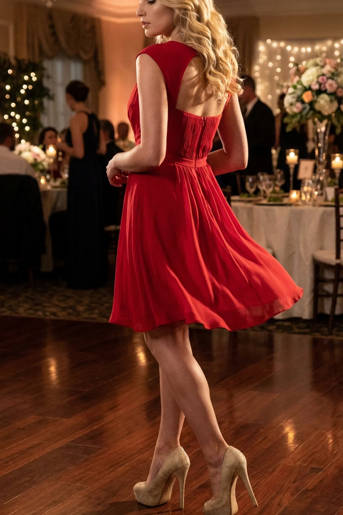 Red Flowing Cocktail Formal Dress - back view