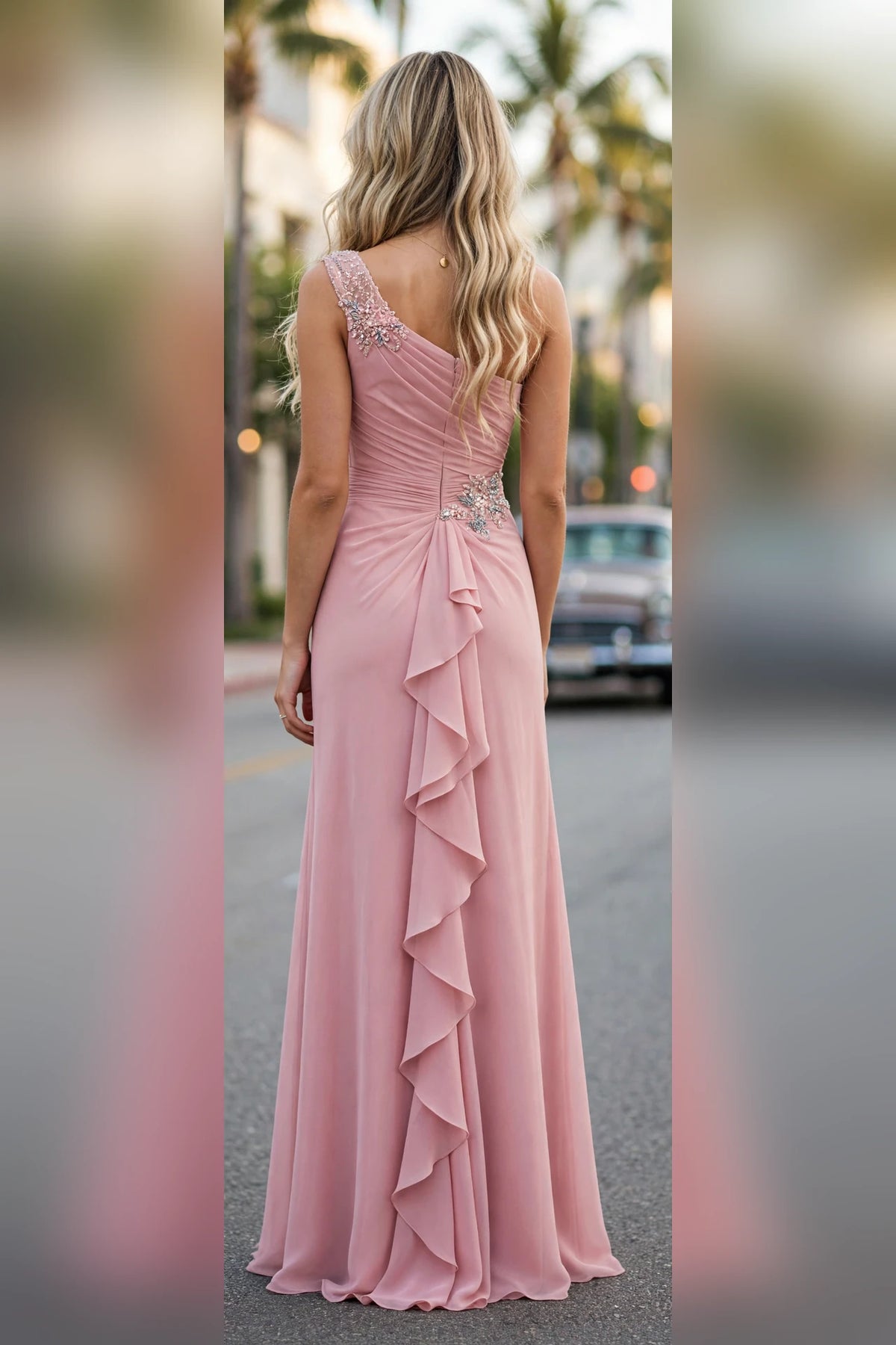 Mink one-shoulder beaded chiffon gown with cascading ruffle, back view | PromGirlOutlet