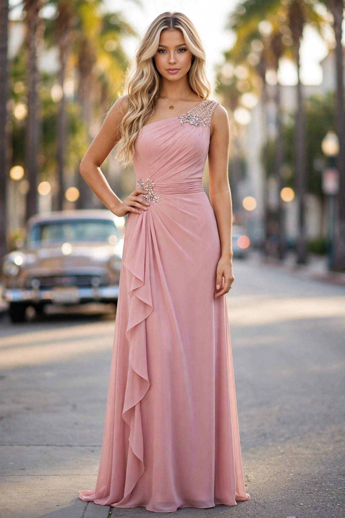 Mink one-shoulder beaded chiffon gown with cascading ruffle, front view | PromGirlOutlet