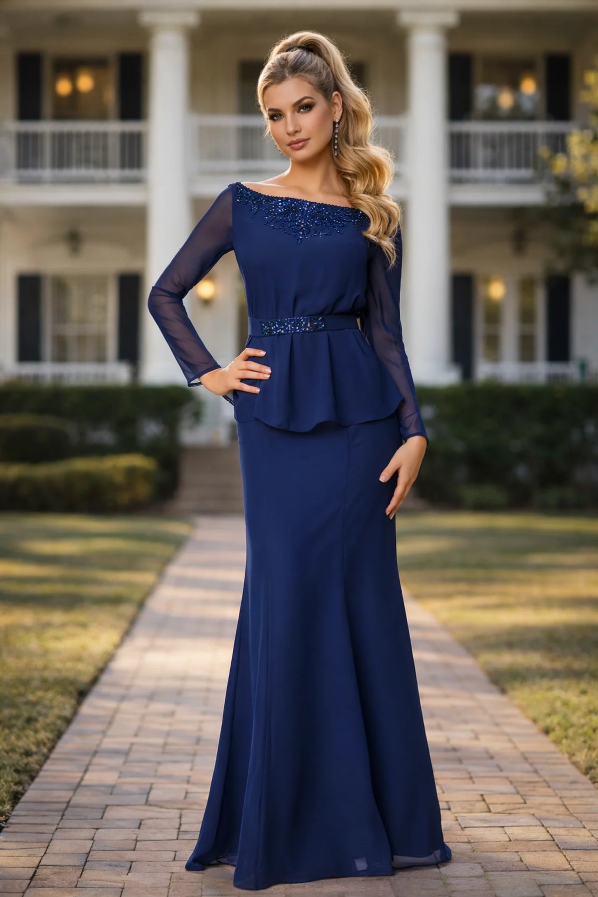 Beaded Chiffon Long Sleeve Peplum Evening Dress - front view
