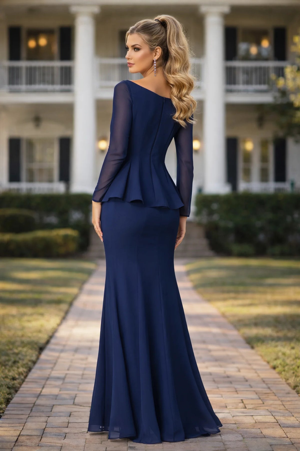 Beaded Chiffon Long Sleeve Peplum Evening Dress - back view