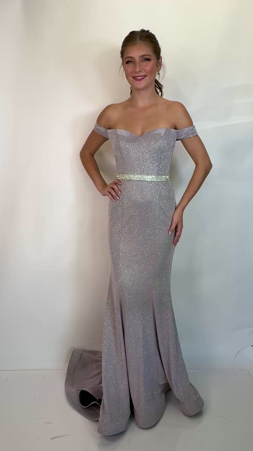 Off-Shoulder Glitter Stretch Jersey Fit-and-Flare Formal Dress