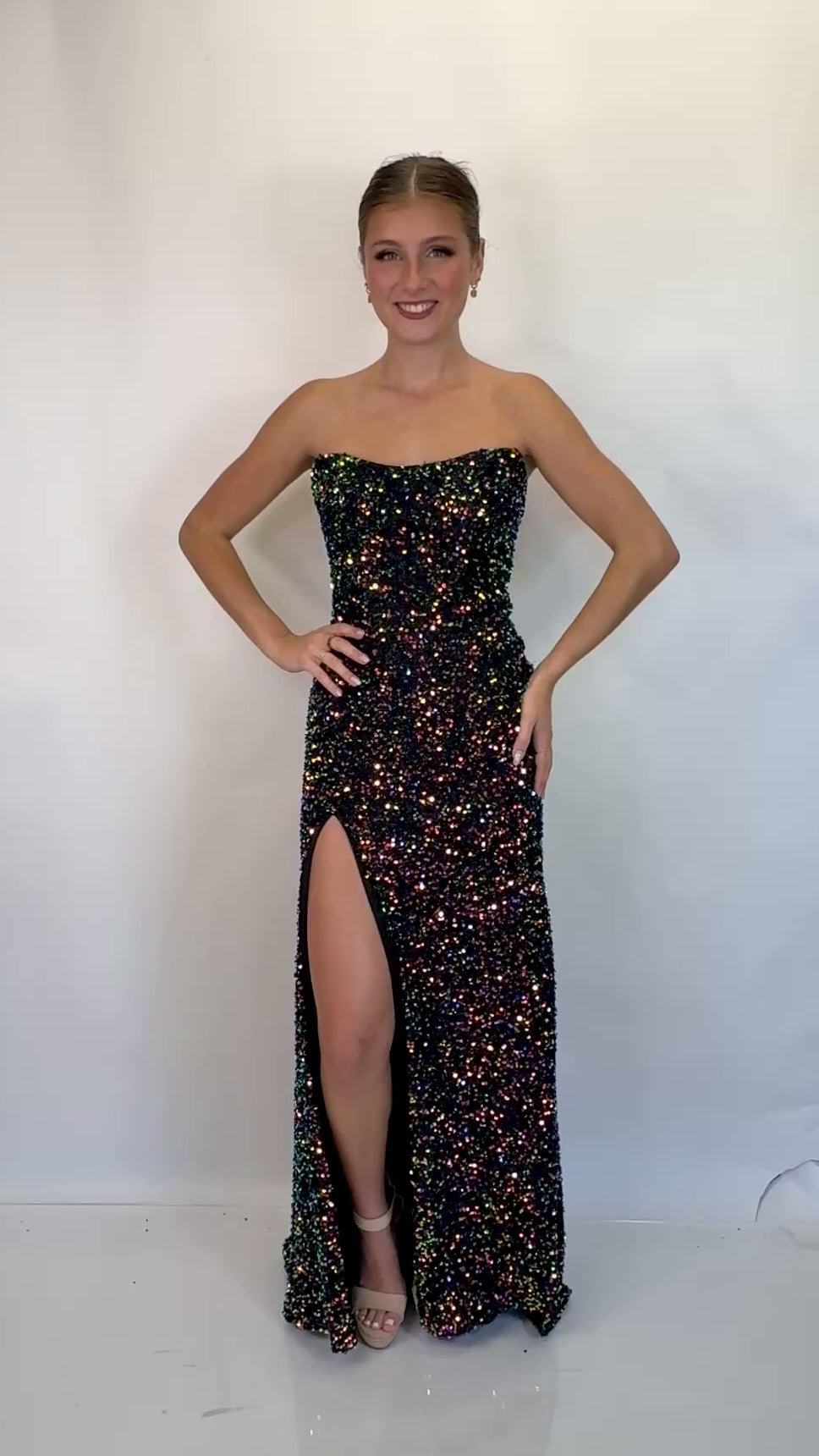 Sequin Straight-Neck Fitted Evening Gown with High Slit