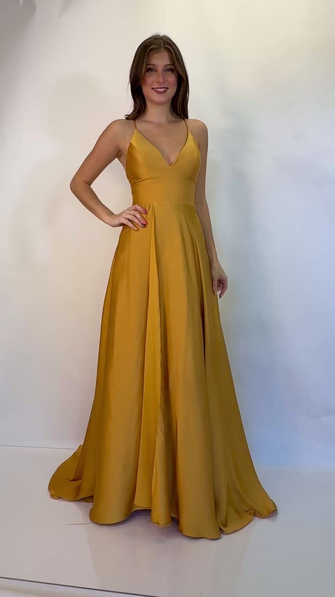 V-Neck Charmeuse Evening Gown with High Slit and Lace-Up Back