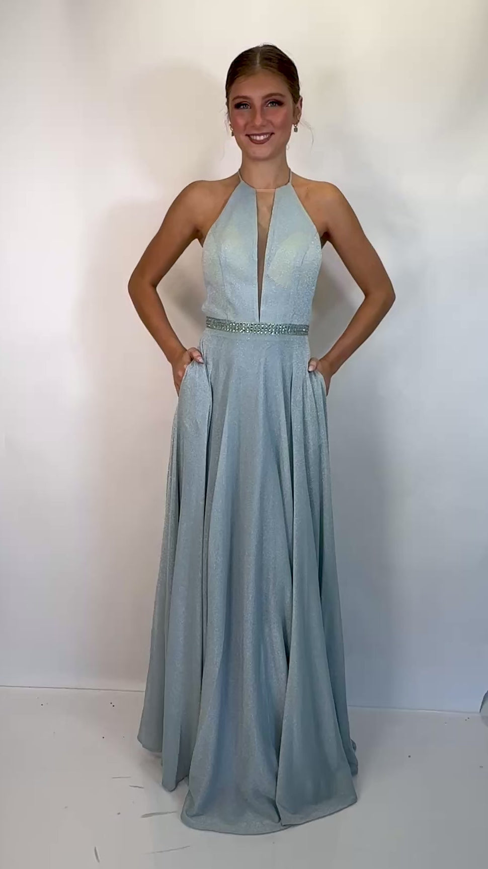 Plunging Halter Shimmer Jersey A-Line Prom Dress with Open Back