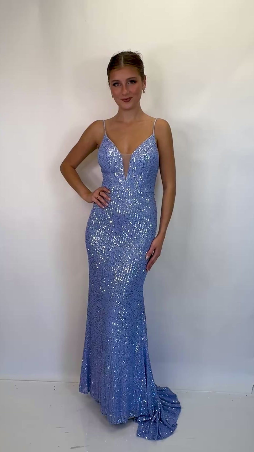 Plunging V-Neck Sequin Fitted Evening Gown with Spaghetti Straps