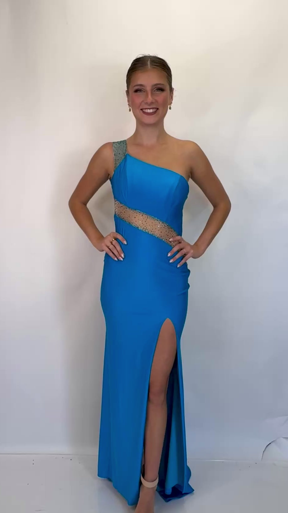One-Shoulder Jersey Hot Stone Open Back High Slit Prom Dress
