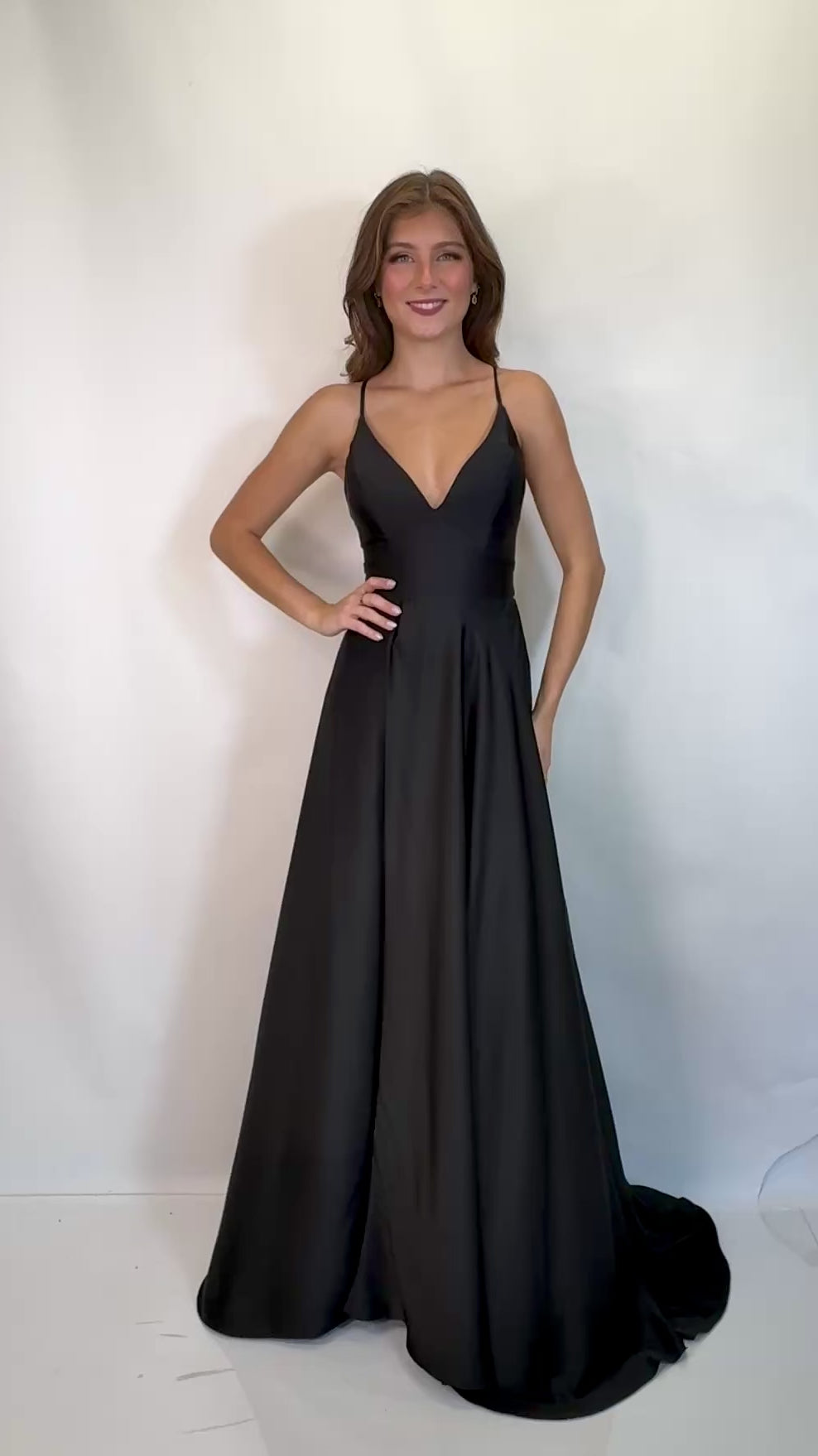 V-Neck Charmeuse Evening Gown with High Slit and Lace-Up Back