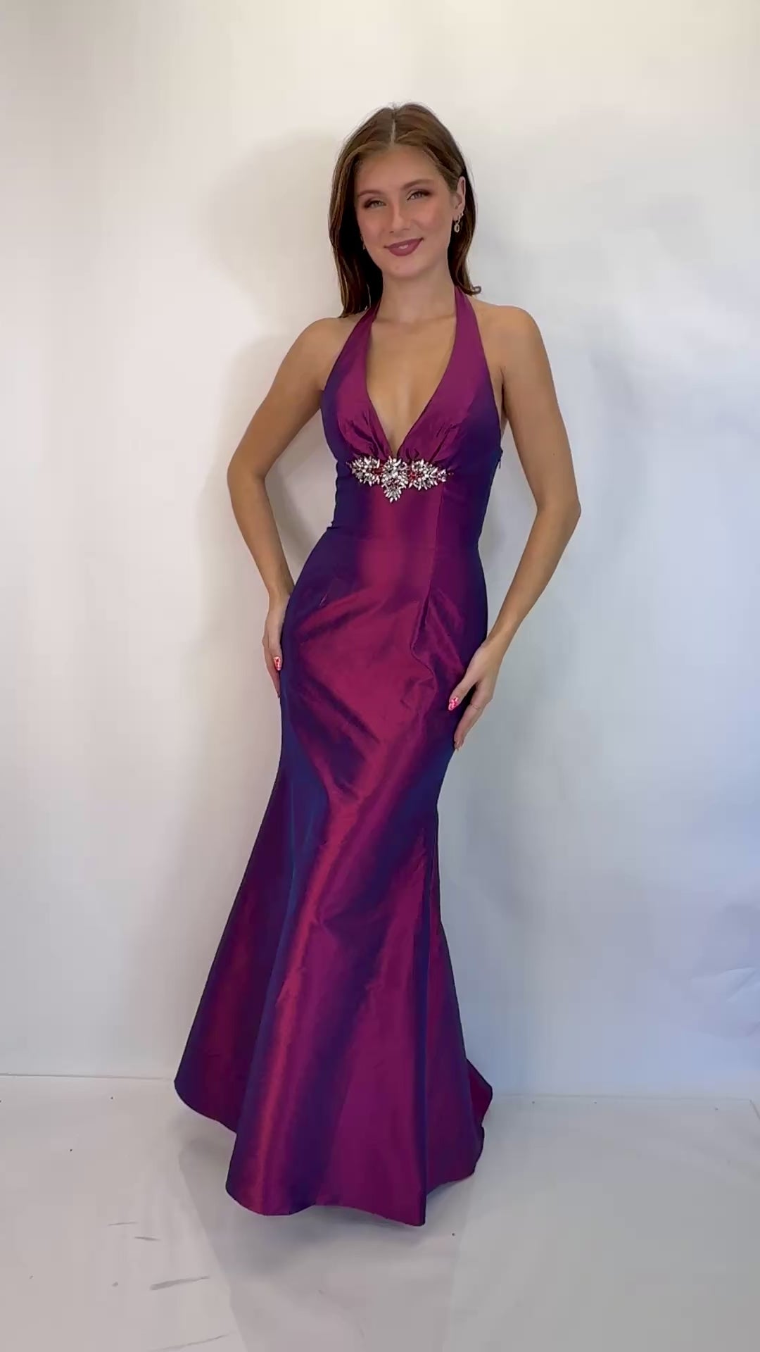 Halter Taffeta Formal Dress with Open Back and Flared Skirt