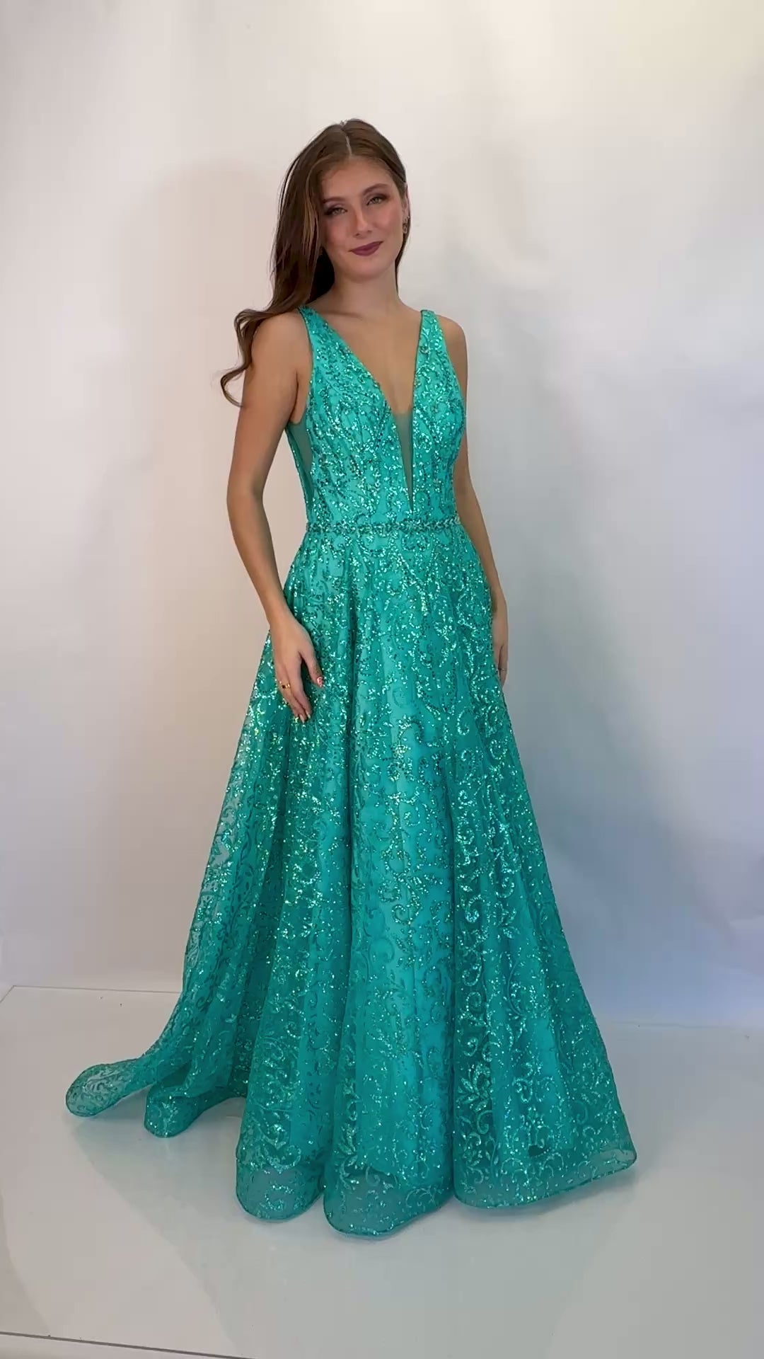 Plunging V-Neck Glitter Embellished Ball Gown