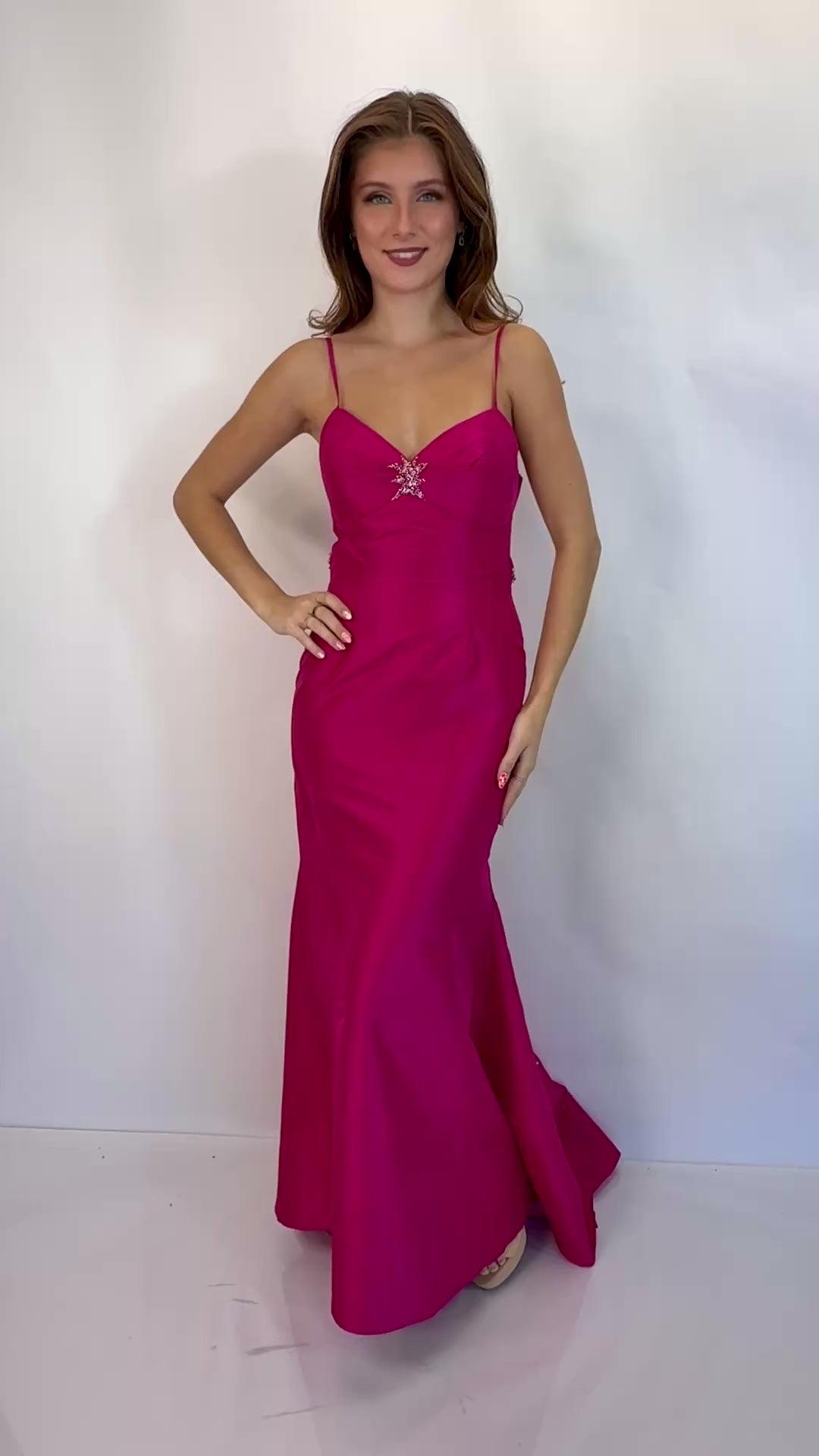 Spaghetti Strap V-Neck Prom Dress with Open Back and Beading Embellishment