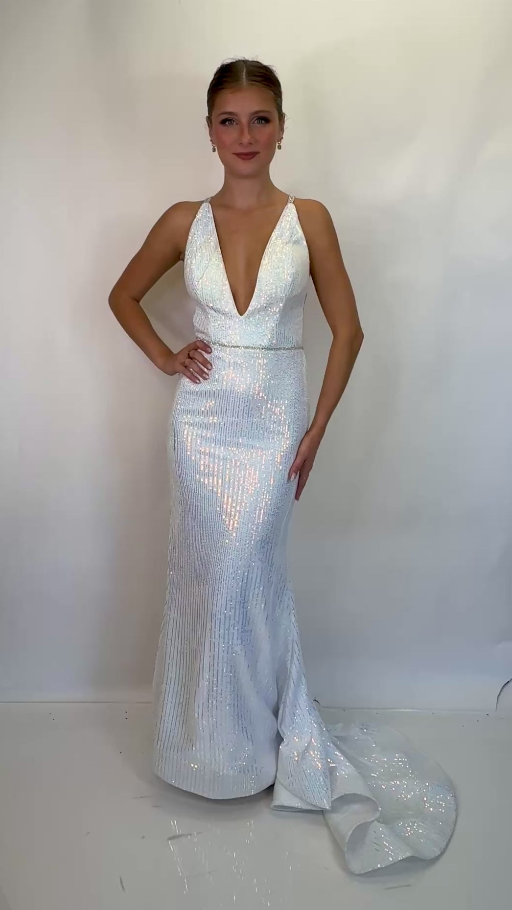 Plunging V-Neck Sequin Fitted Pageant Gown with Open Back