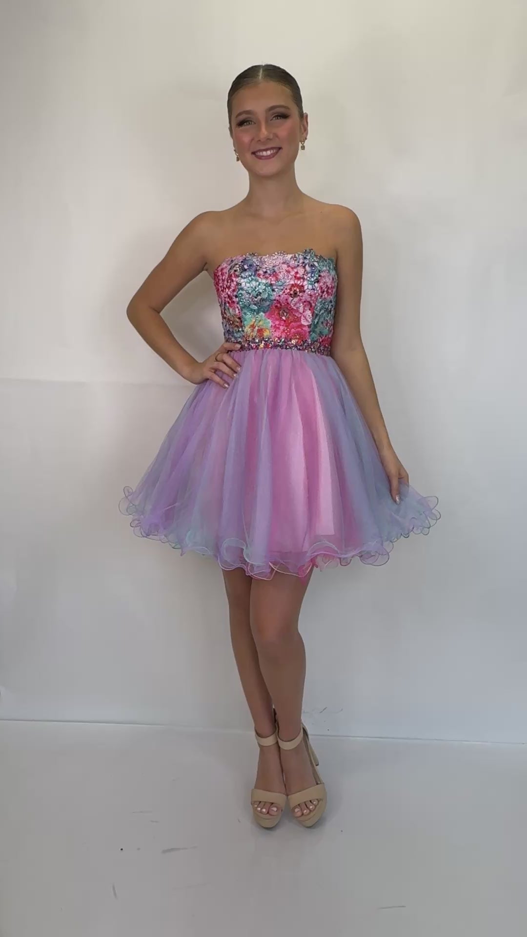 Strapless Babydoll Dress with Lace Florals and Tulle Skirt
