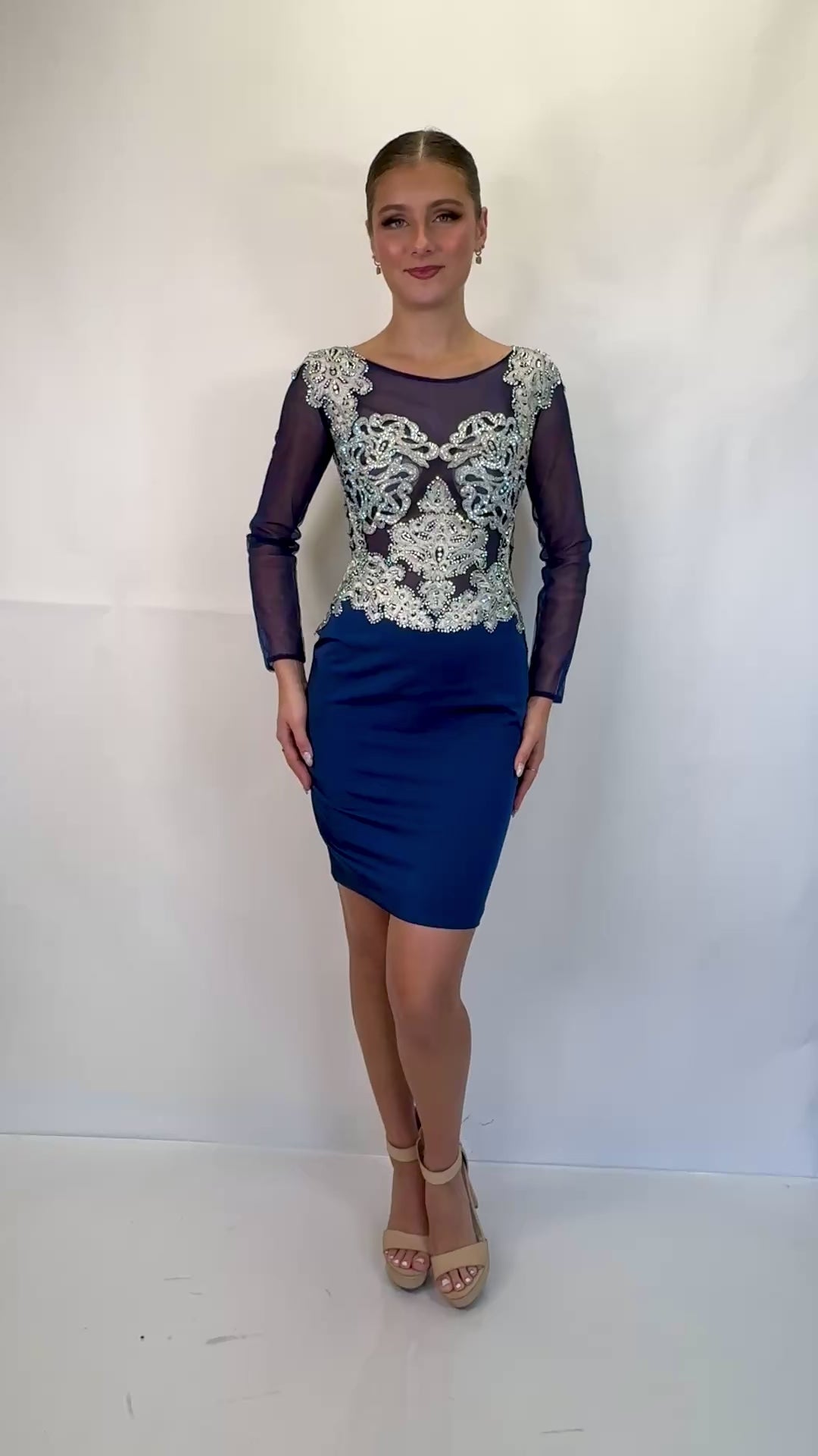 Long Sleeve Beaded Lace Cocktail Dress with Open Back