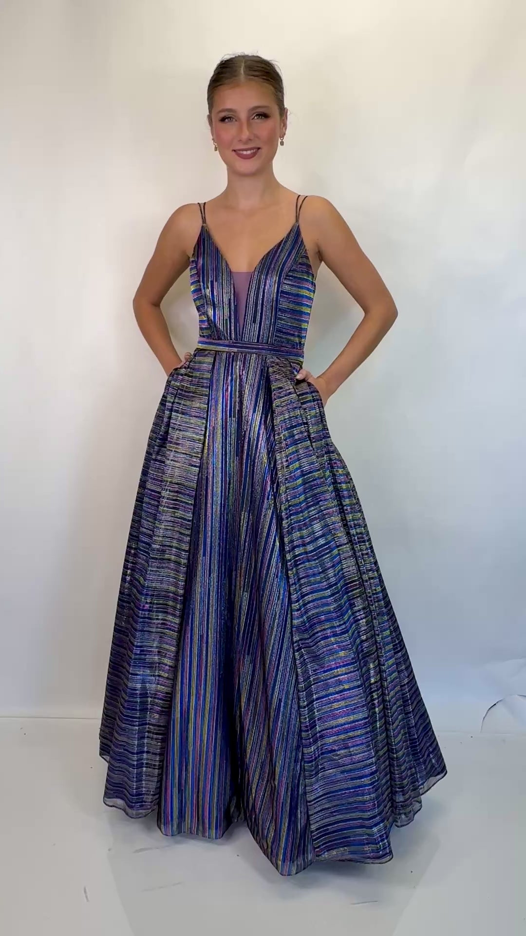 Metallic Stripe A-Line Evening Gown with Spaghetti Straps