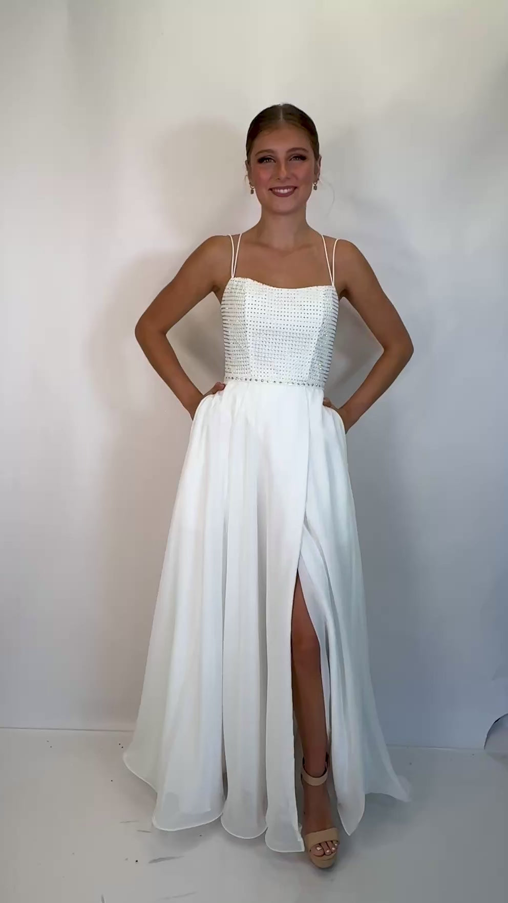 Embellished A-Line Evening Gown with Spaghetti Straps and High Slit