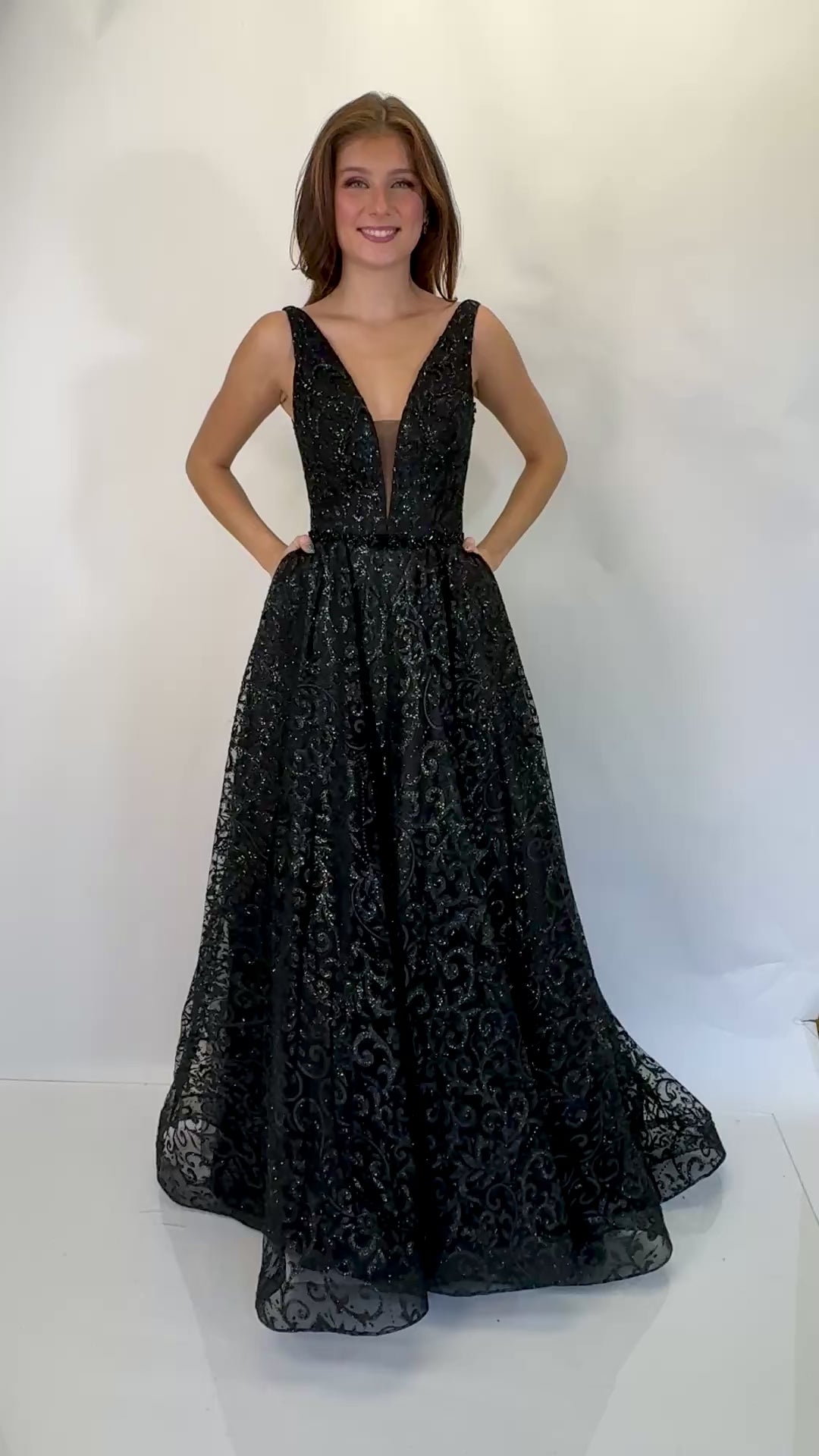 Plunging V-Neck Glitter Embellished Ball Gown