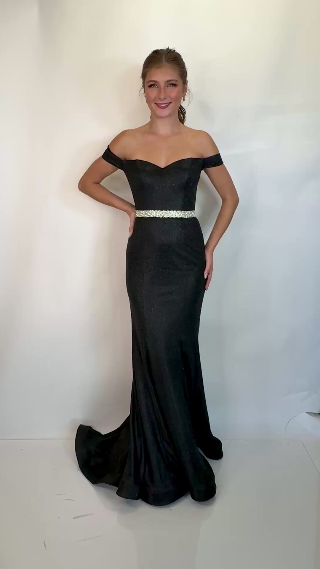 Off-Shoulder Glitter Stretch Jersey Fit-and-Flare Formal Dress