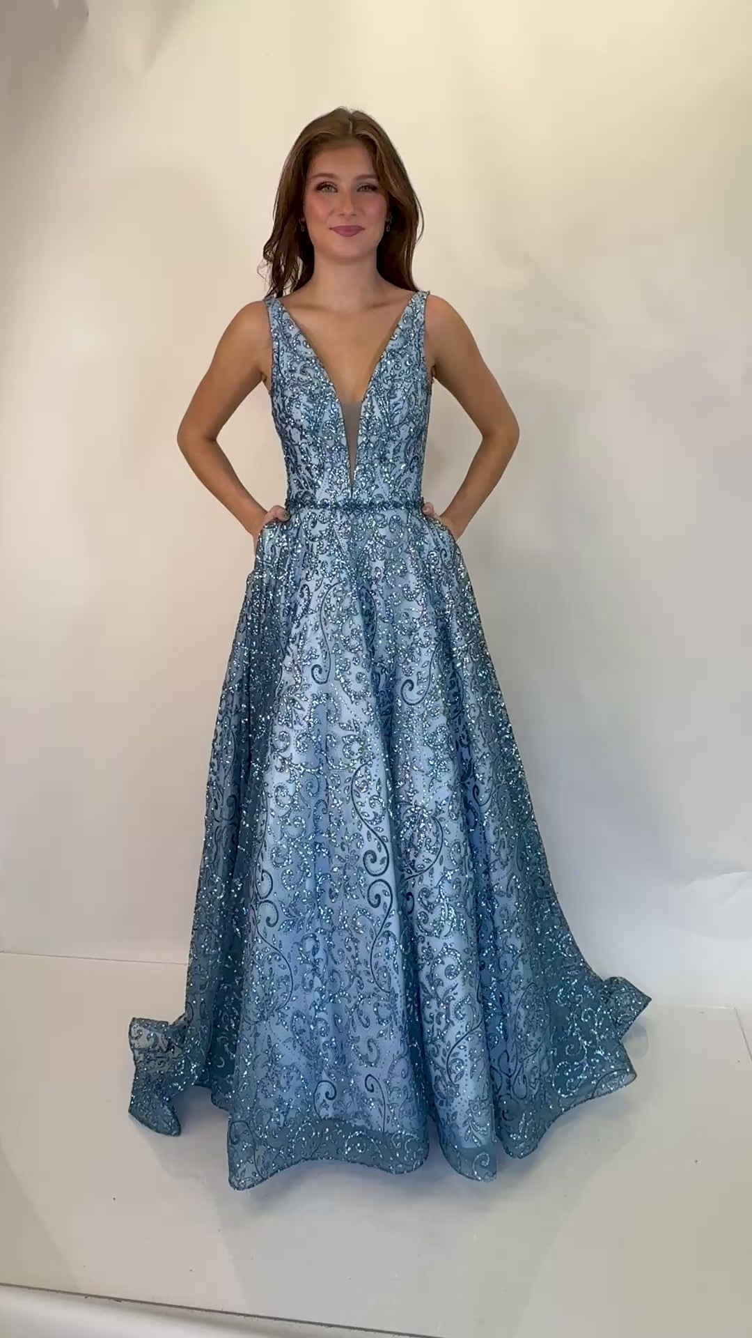 Plunging V-Neck Glitter Embellished Ball Gown