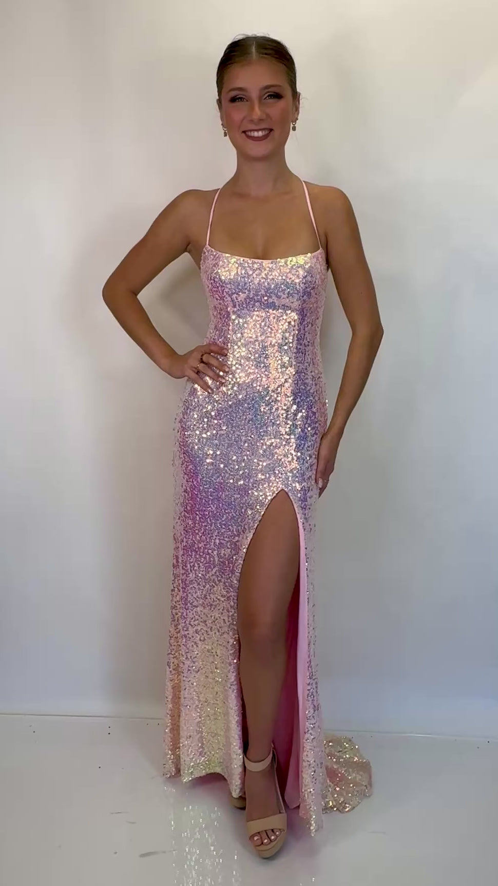 Sequin Scoop Neck Evening Gown with Lace-Up Back and High Slit
