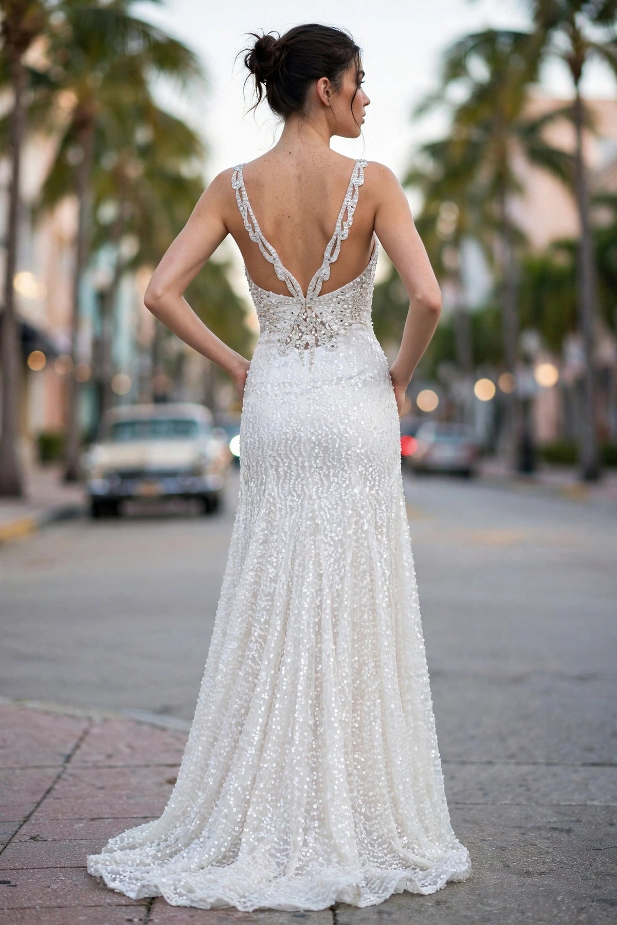 Ivory sequin sweetheart gown with beaded straps and floral waist appliqué, back view | PromGirlOutlet