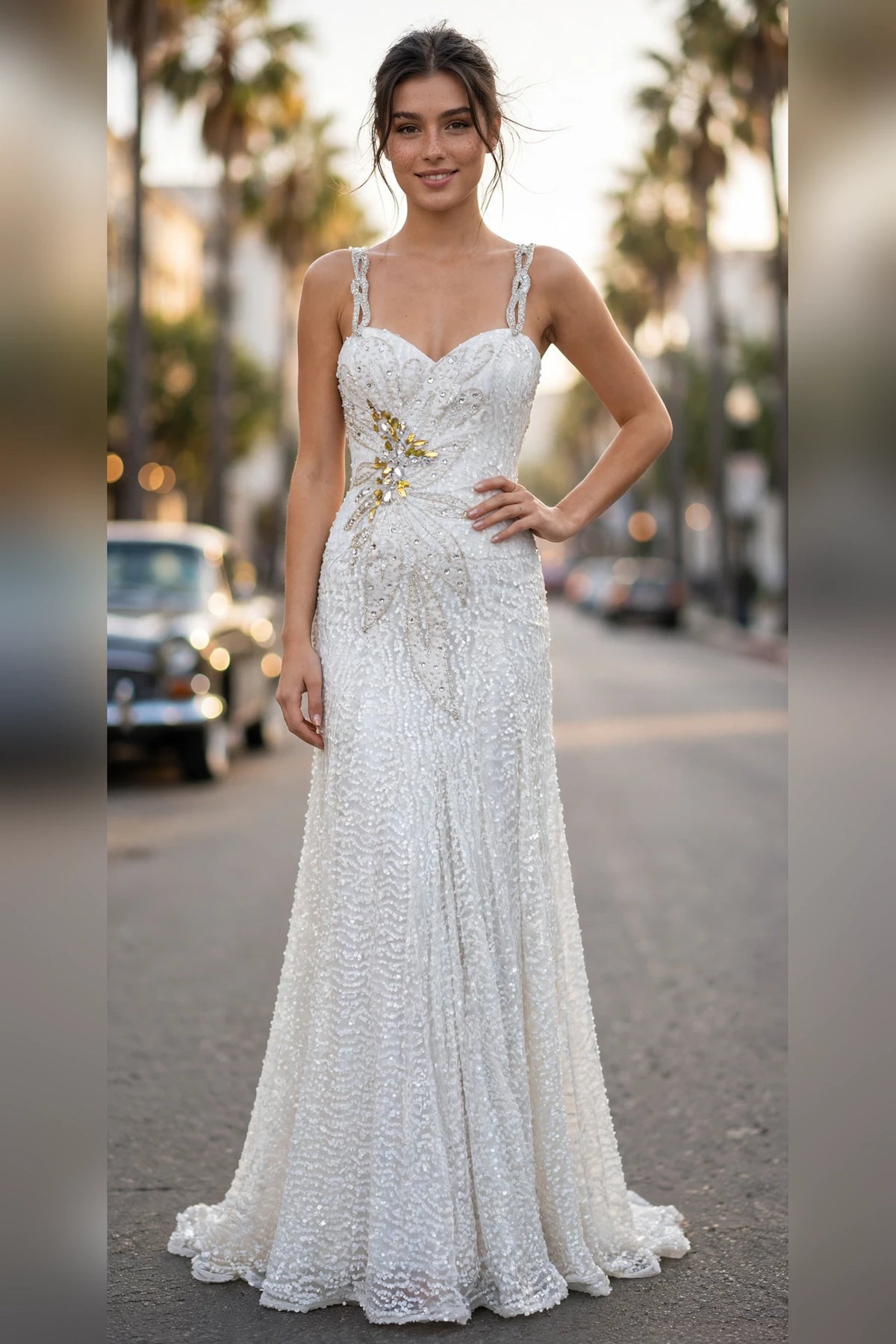 Ivory sequin sweetheart gown with beaded straps and floral waist appliqué, front view | PromGirlOutlet