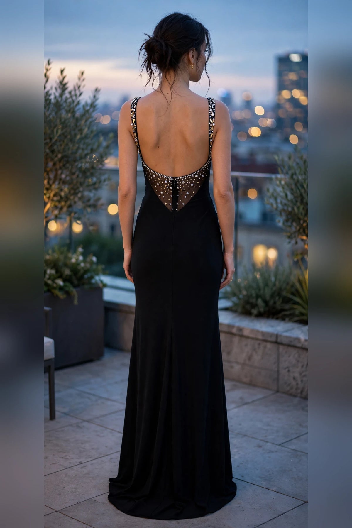 Black long gown with beaded gold and crystal sweetheart bodice, back view | PromGirlOutlet