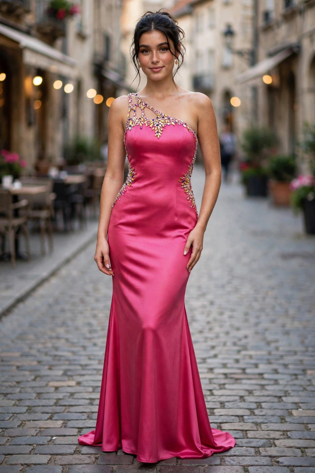 Strawberry one-shoulder satin prom dress with jeweled cutout strap, front view | PromGirlOutlet