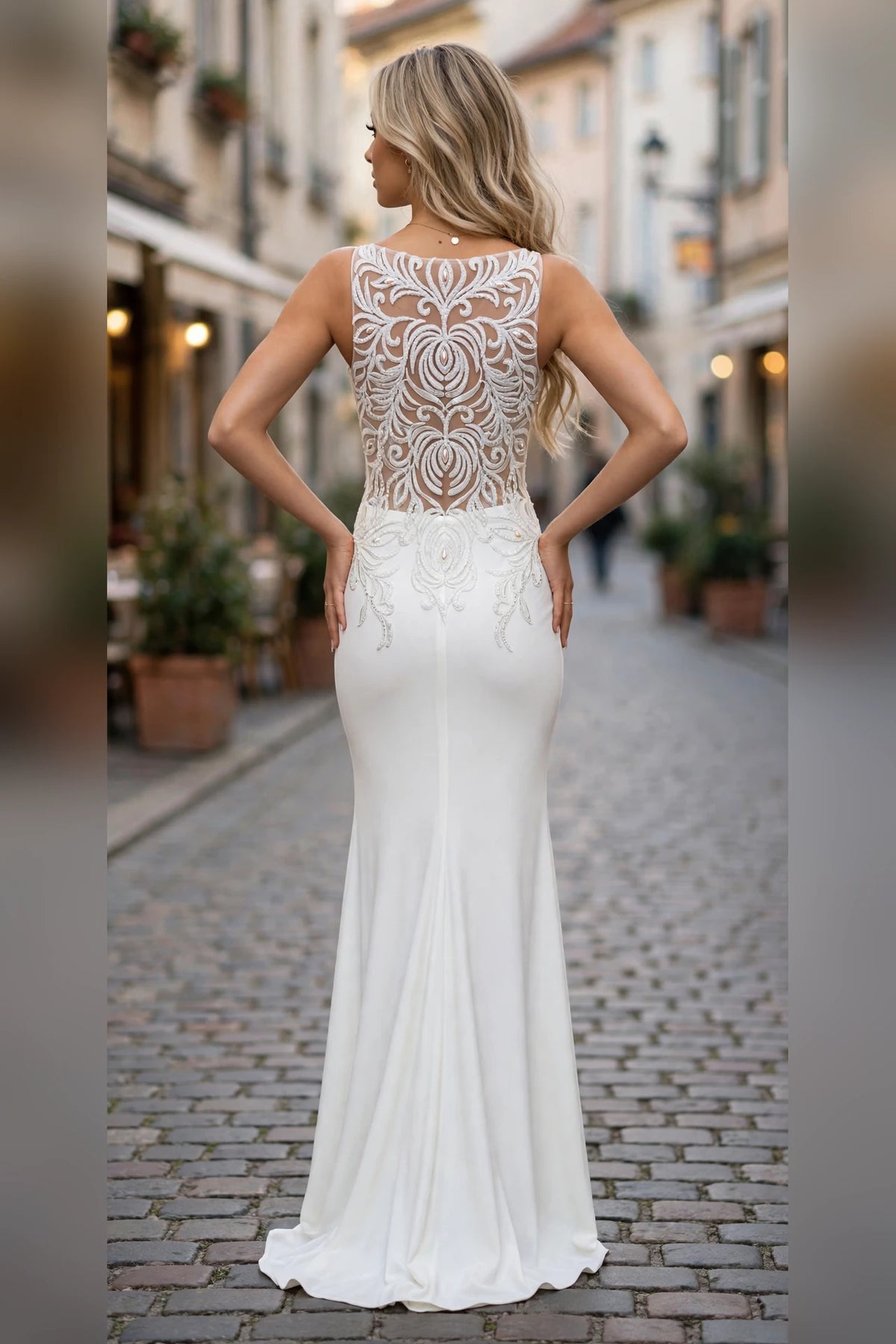 Ivory beaded illusion bodice fitted prom dress, back view | PromGirlOutlet