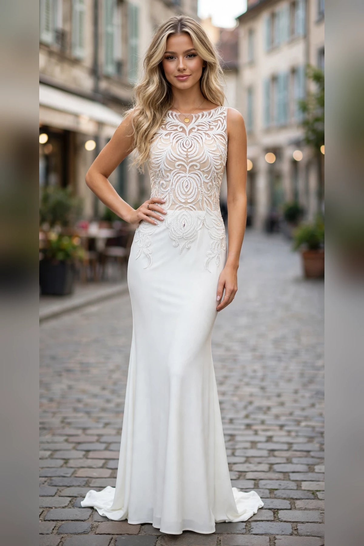 Ivory beaded illusion bodice fitted prom dress, front view | PromGirlOutlet