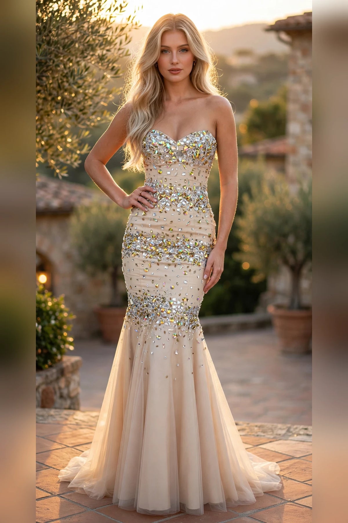 Creme long strapless mermaid gown encrusted with iridescent crystals, front view | PromGirlOutlet