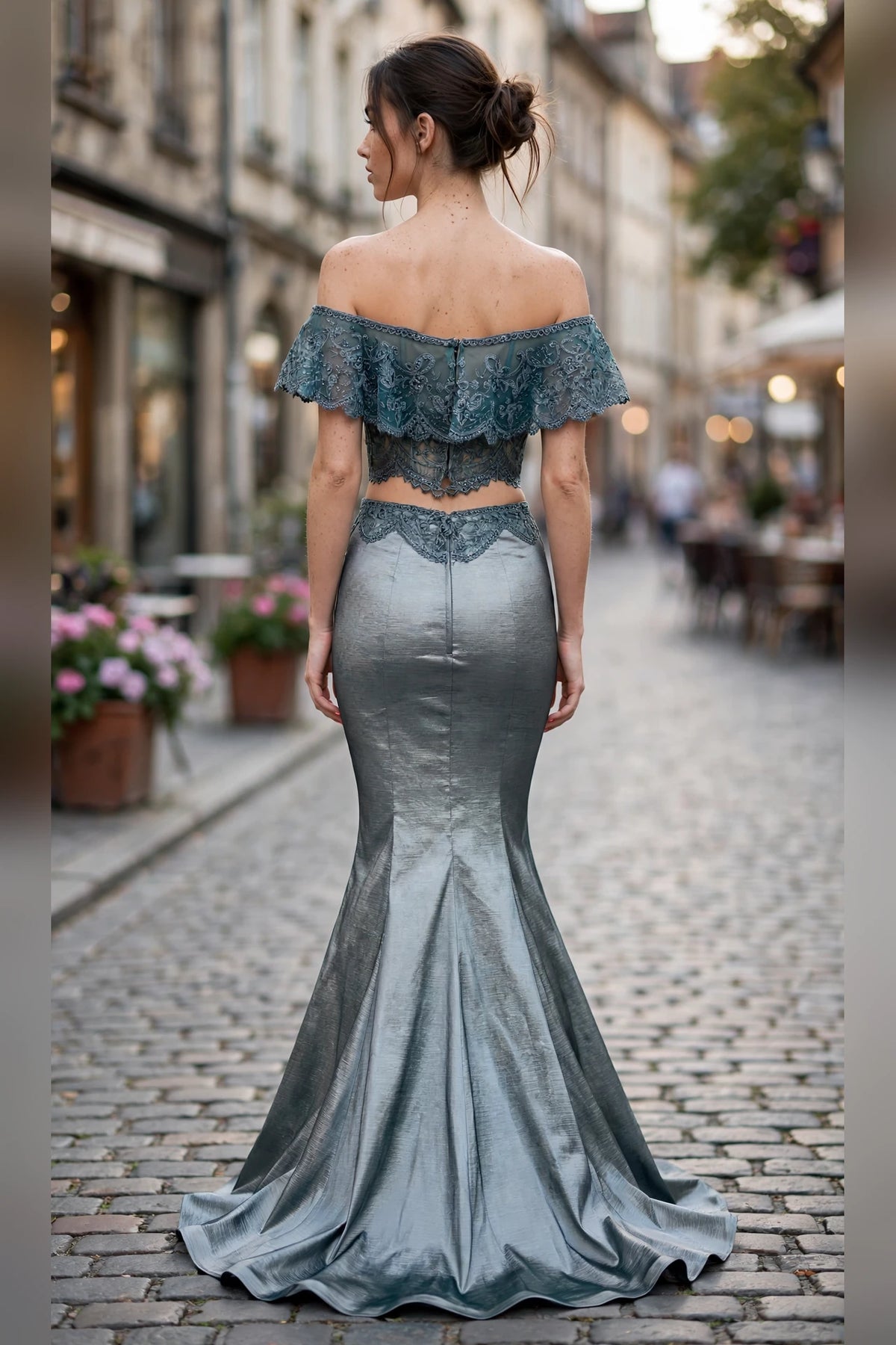Gunmetal off-shoulder lace two-piece mermaid gown, back view | PromGirlOutlet