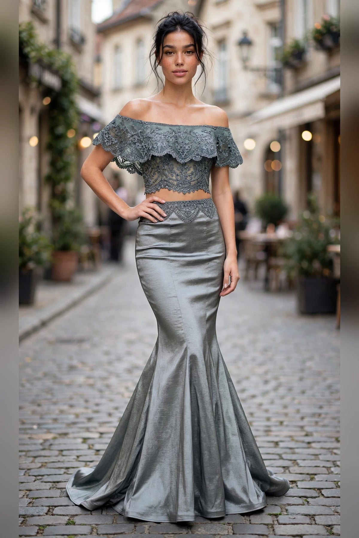 Gunmetal off-shoulder lace two-piece mermaid gown, front view | PromGirlOutlet