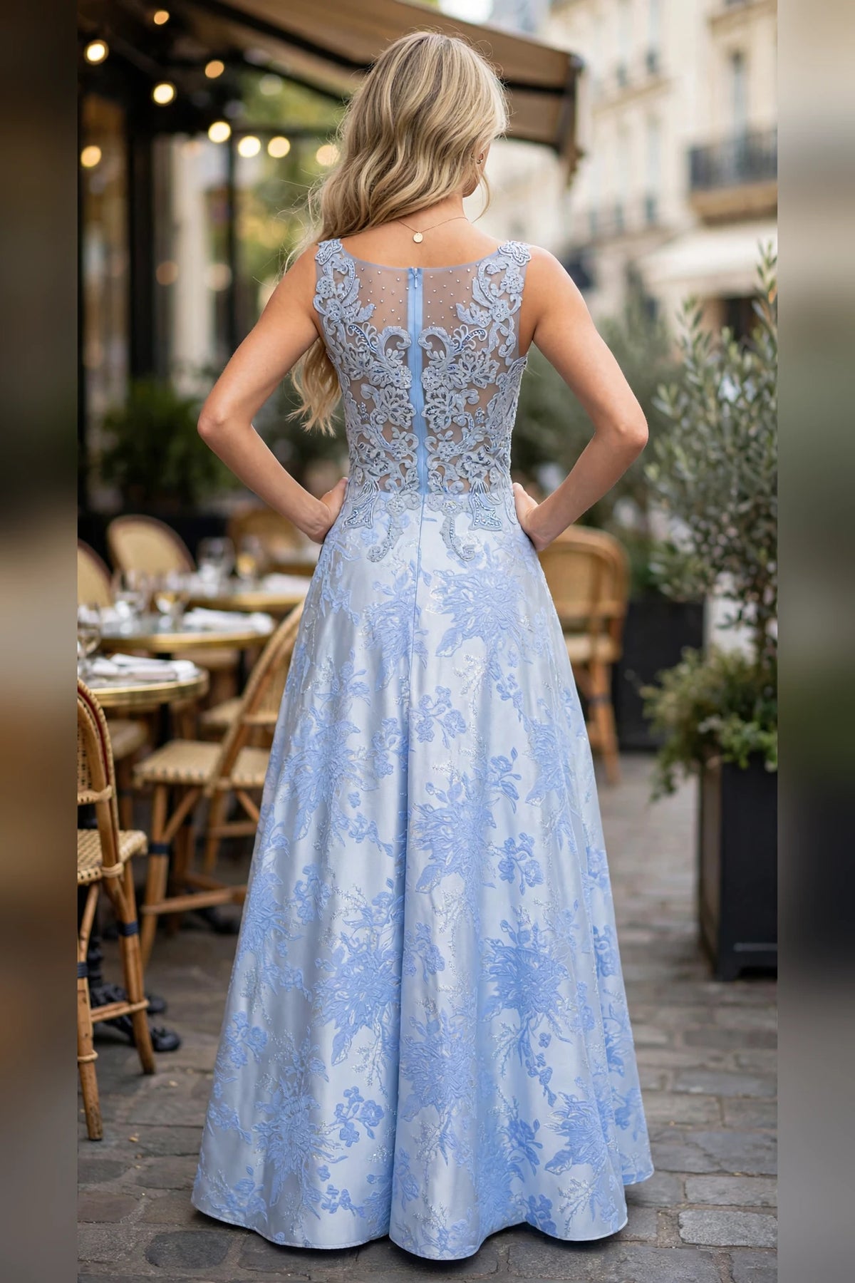 Periwinkle long A-line gown with illusion boat neckline and beaded lace bodice, back view | PromGirlOutlet