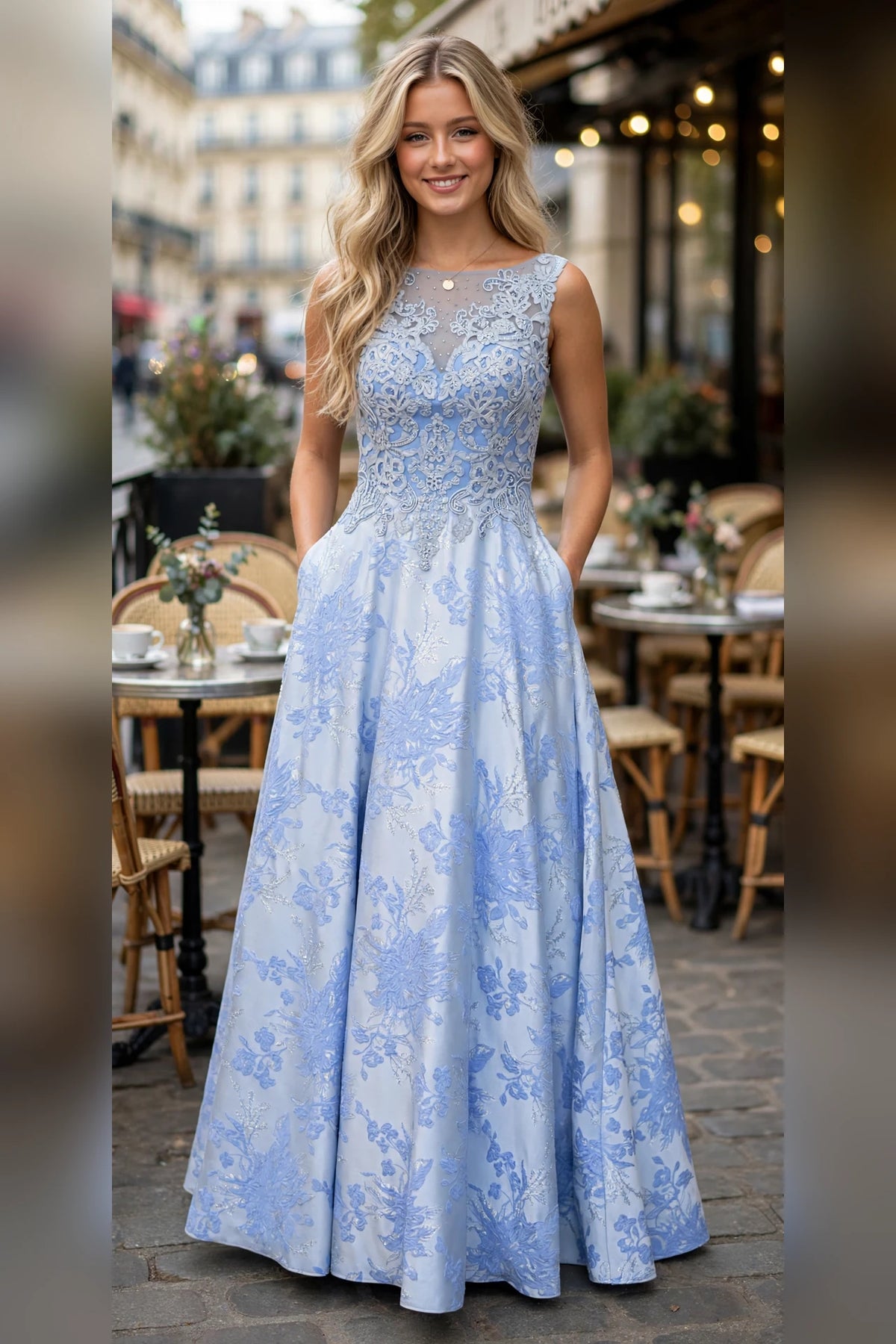 Periwinkle long A-line gown with illusion boat neckline and beaded lace bodice, front view | PromGirlOutlet