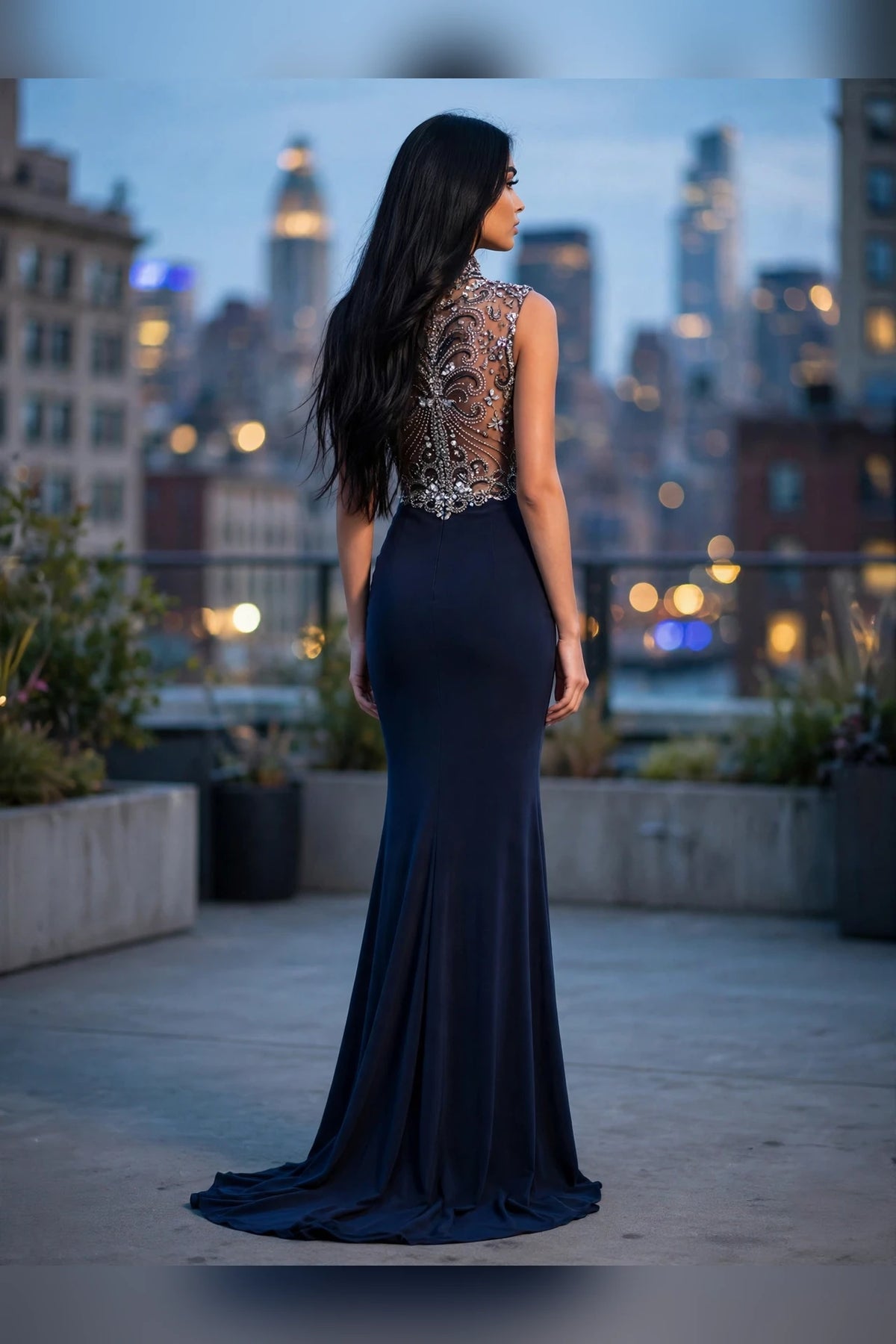 Smoke beaded illusion high-neck gown with keyhole bodice, back view | PromGirlOutlet