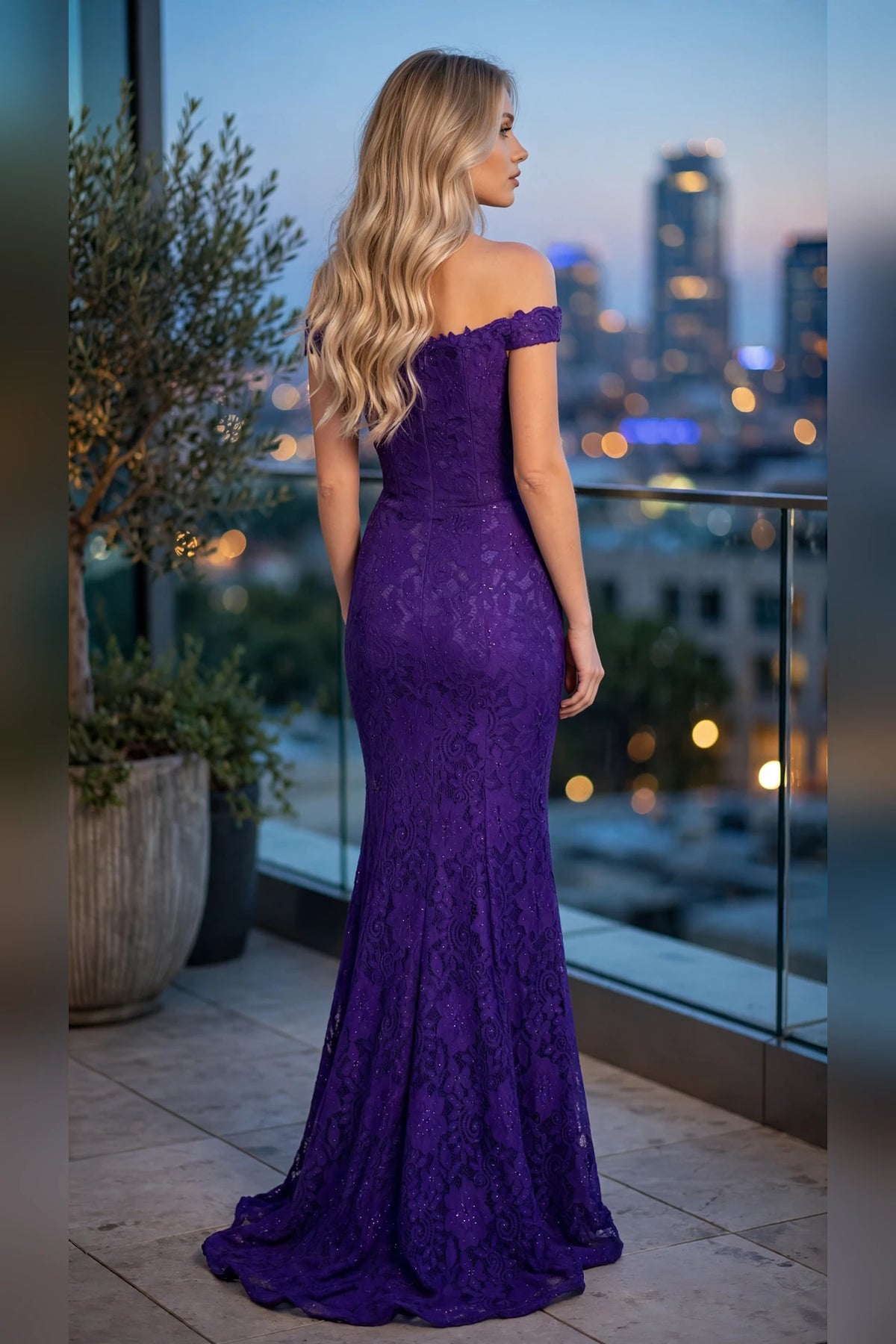 Purple off-shoulder stretch lace evening gown with stone accents, back view | PromGirlOutlet