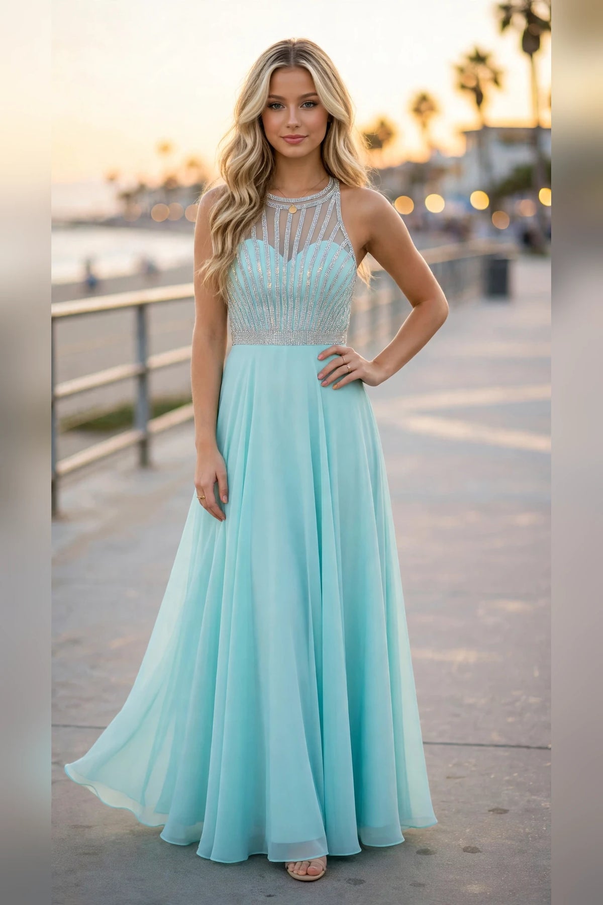 Seafoam beaded illusion halter A-line prom gown, front view | PromGirlOutlet